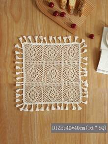 Cirelle 1pc Boho Crochet Round Tablecloth, Vintage Knit Hollow Out Table Cover With Tassels, Rustic Macrame Tablecloth For Dining Room, Kitchen, Cafe Decor - Beige - View 5