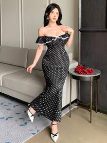 DAZY Đầm nghỉ mát ren chấm bi dành cho nữ, đầm midi dáng chữ A cổ vuông thắt eo kiểu retro. - màu đen - Xem 5