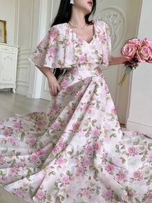 Modelyn 女士短袖中长连衣裙，女士短袖数码印花收腰连衣裙，披肩袖荷叶边下摆，优雅美丽，魅力四射，时尚靓丽，Y2K涤纶面料，适合外出、节日、派对等场合。女士夏季连衣裙，女士约会、派对、度假连衣裙。女士连衣裙，印花连衣裙，沙滩度假连衣裙 - 淺粉色 - 查看 6