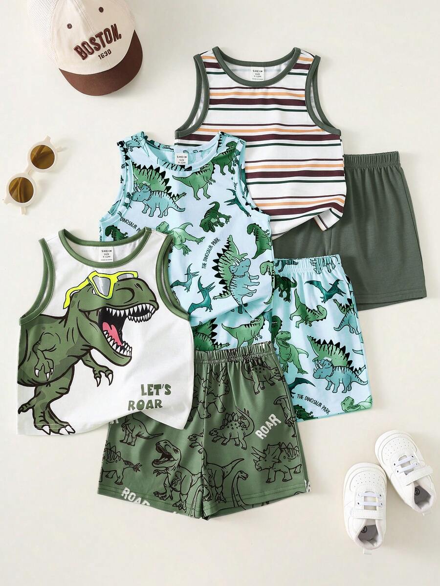 3pcs/Set Baby Boy White Summer Casual Cute Graphic Vacation Tank Tops,Dinosaur Pattern,Classic Striped,Street Style,Loose Comfortable,Versatile - Multicolor - View 1