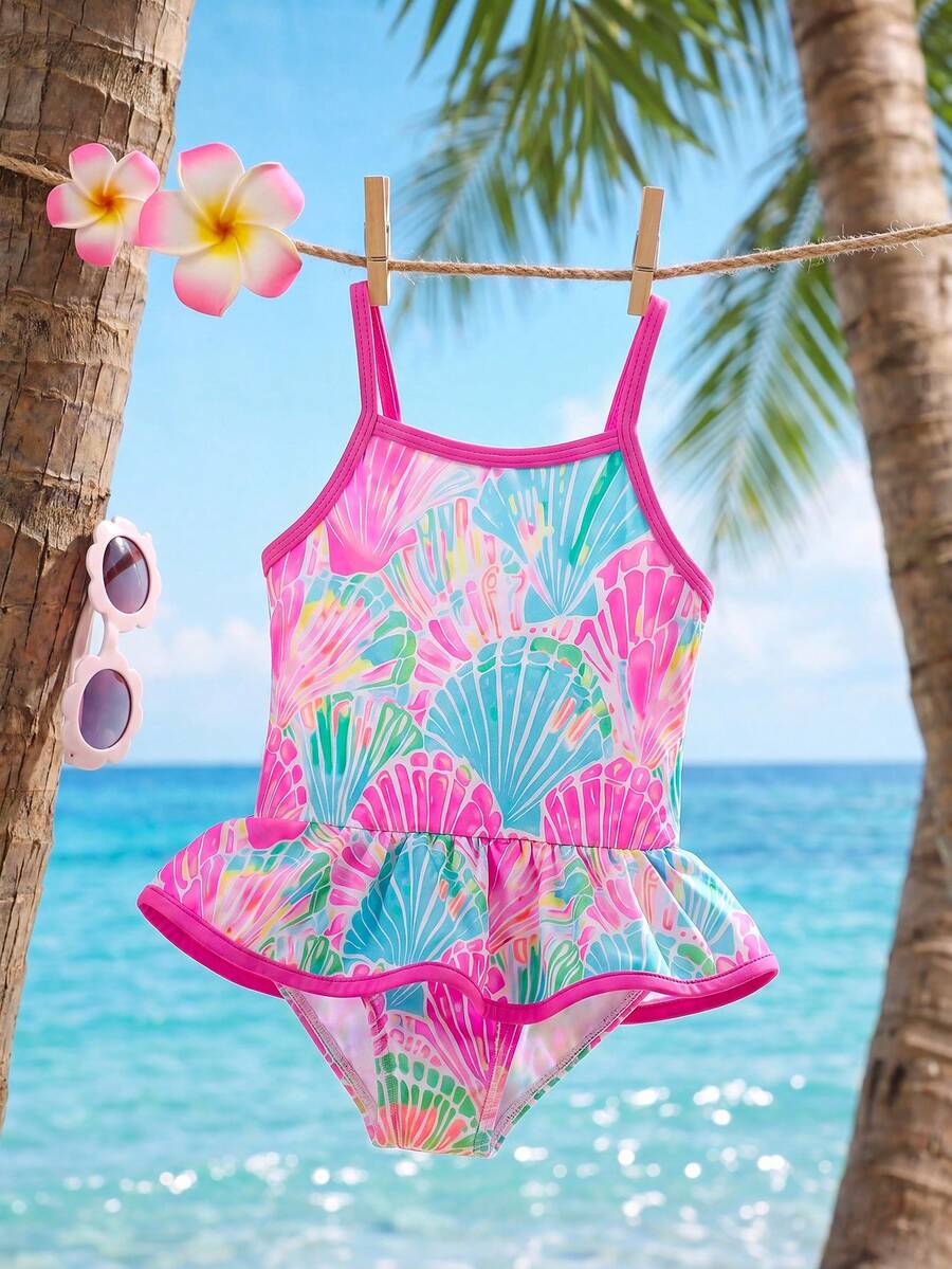 SHEIN Bộ áo liền quần dệt kim họa tiết vỏ sò cho bé gái - Nhiều màu - Xem 1
