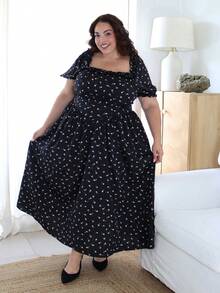 Pretty and Ole Plus Size Ditsy Floral Lantern Sleeve Ruffled A-Line Dress For Women Elegant Summer - Black - View 1