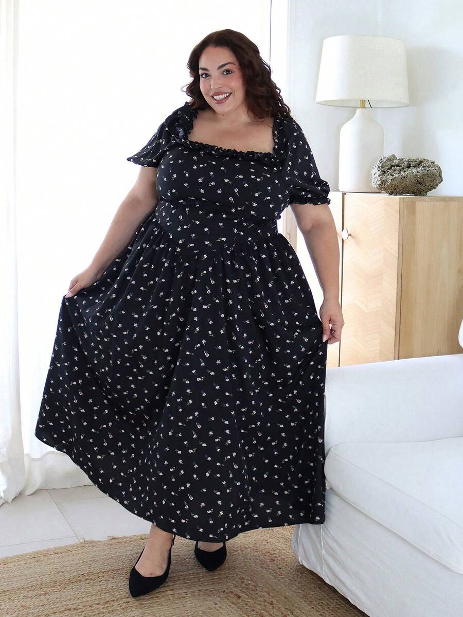 Pretty and Ole Plus Size Ditsy Floral Lantern Sleeve Ruffled A-Line Dress For Women Elegant Summer - Black - View 1