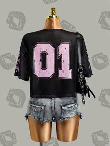 Betty Boop x SHEIN Women's Contrast Lace V-Neck Short Sleeve T-Shirt, - Black - View 2