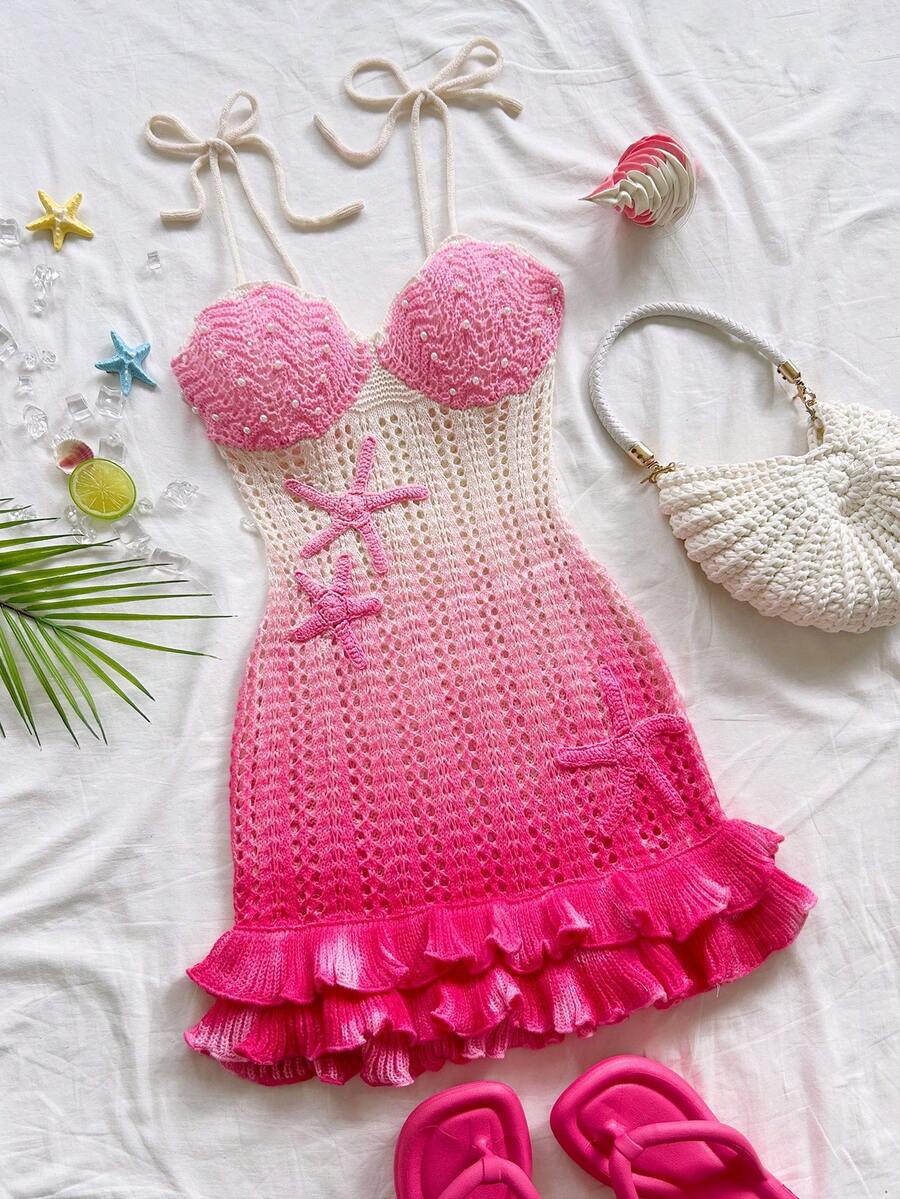 Soleia 女士假日蜜桃海星装饰双层荷叶边针织连衣裙,适合假日、约会、下午茶、海滩、邮轮、城市旅行、婚礼季等场合。 - 粉色 - 查看 1