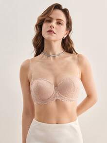 Hourtrue Pink Sexy Lace Trim Underwire Bra, Padded Push Up Bra With Removable Straps For Small Bust - Pink - View 9