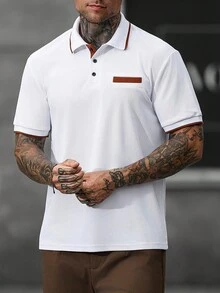 Manfinity Homme 男士白色與棕色對比色短袖 Polo 衫，夏季休閒高爾夫上衣，羅紋領口與假口袋設計，老錢風設計師款，正式 - 白色 - 查看 6