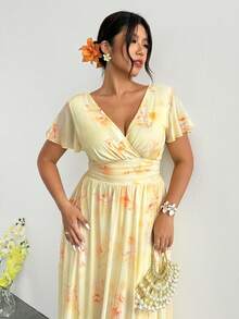 Firerie Plus Size V-Neck Floral Print Casual Vacation Short Sleeve Dress - Apricot - View 4