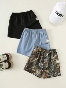 SHEIN Bộ 3 quần short cargo mùa hè cho bé trai, kiểu dáng đường phố, họa tiết rằn ri và màu trơn, bộ quần short cho bé trai. - Nhiều màu - Xem 3