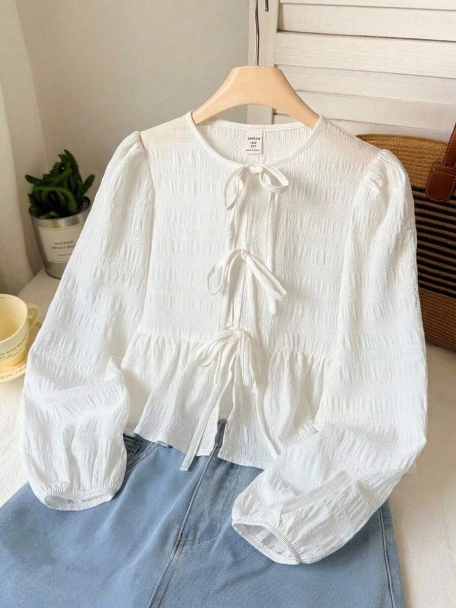 SHEIN Áo sơ mi nữ tuổi teen kiểu dáng thoải mái, rộng rãi, có nơ trang trí. - trắng - Xem 1