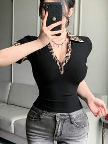 DAZY 女士豹纹拼接领短袖修身休闲T恤 - 黑色 - 查看 5