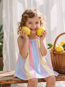 SHEIN Vintaside Kids Vestido de línea A a rayas con parches de flores de colores y cinta para niñas bebés, adecuado para uso diario casual y ocasiones festivas - Multicolor - Ver 3