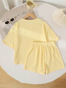 SHEIN 少女针织纯色宽松短袖上衣和短裤休闲套装 - 黃色 - 查看 4