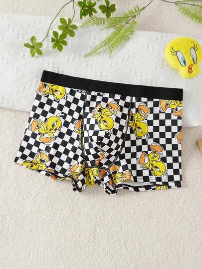 LOONEY TUNES X SHEIN Classic Checkerboard Yellow Bird Cartoon Print Men's Briefs, Skin-Friendly Boxer Shorts