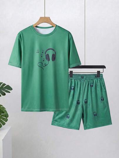 Velminro Men's Comfortable Headphone Print Round Neck Short Sleeve T-Shirt And Shorts Pajama Set, Summer Coachella
