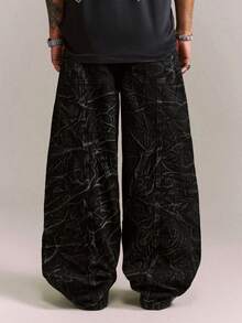CRAVYNX Pleated Design Distressed Washed Black Denim Wide Leg Hiphop Jeans - Black - View 2