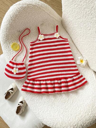 SHEIN Vestido sin mangas con textura a rayas, piña 3D y flores para bebé/niña pequeña de 0-3 años, con bolso bandolera, adecuado para uso casual, al aire libre, vacaciones, fiestas y uso diario, versátil, conjuntos de primavera/verano para bebé/niña pequeña