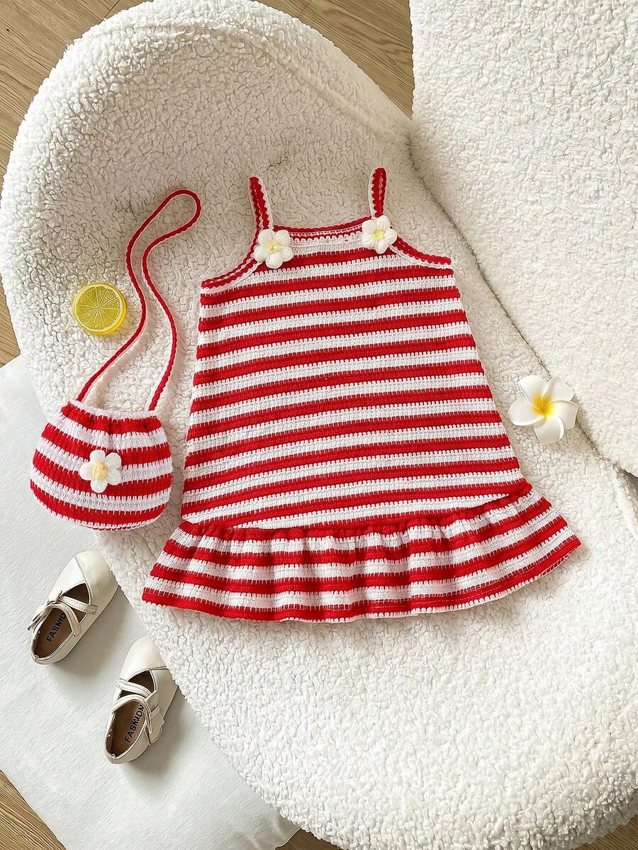 SHEIN Playful Pals 嬰幼女童 0-3歲可愛紅白條紋夏季度假無袖洋裝 3D花卉鳳梨條紋紋理套裝附斜背包 - 紅色 - 查看 1