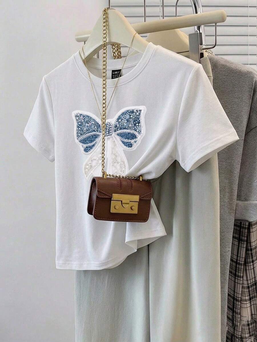 SHEIN Unity 95%棉女款休閒修身圓領T恤,蝴蝶結刺繡,女款休閒服 - 彩色 - 查看 1