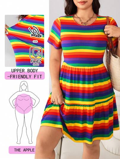 Solflare Spring/Summer New Arrival Pride Month Casual Dress, Suitable For Everyday Wear, Parties, Commuting, Weddings, Music Festivals, Back To School, Graduation, Beach Vacation, Streetwear, Boutique Visits, City Strolls, Multi-Occasion, Can Be Worn Alone Or Layered, Colorful Rainbow Elastic Print, Round Neck, Short Sleeve, Loose, Waist Cinched, Flared, Plus Size, Plus Size