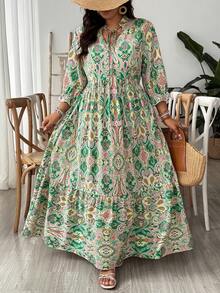 SHEIN VCAY Plus Size Green Retro Print Dress, Suitable For Summer Beach Vacation - Green - View 7