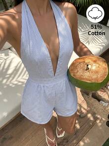 Sunnyshic 蓝白条纹棉质面料深V领露背吊带短裤连体裤，优雅性感，适合夏季度假、海滩漫步、通勤、购物、约会等休闲场合。 - 藍白色 - 查看 6