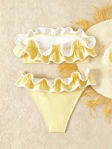 Swim Vcay 2026 New Women's Summer Beach Vacation Basic Blue Striped Fabric Ruched Halter Backless Sexy Pleated Triangle Bikini Swimwear Set - Yellow - View 2