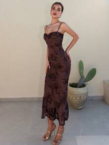 Bris Aura 3D Floral Sexy Slim Brown Suspender Dress Autumn Wedding Guest Dress Women Slim Maxi Dress Evening Dress Female Spaghetti Strap Cocktail Dress, Elegant Formal Dress Suitable For Nightclub, Party, Christmas Big Sexy Backless Tight Maxi Fishtail Dress, Suitable For Autumn Party Romantic Date - Brown - View 5