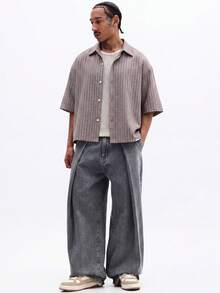 SUMWON Button Down Striped Short Sleeve Shirt With Classic Collar Summer Casual Lightweight Woven - Coffee Brown - View 3