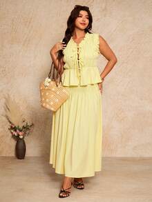 Elaquor Plus Size Women 2-Piece Set: Solid Color Ruched Front Tie Sleeveless Blouse And Mini Skirt Casual Boho Light Yellow Two Pieces Set Elegant Vacation - Light Yellow - View 4