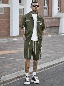 Devon Thys 2件套男士休闲拉链短袖衬衫和抽绳短裤套装 - 軍綠色 - 查看 1