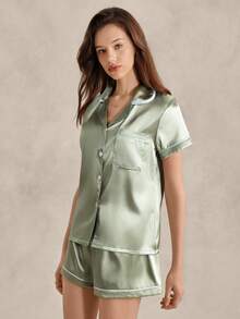 EverLounge Ensemble de pyjama avec lien de contraste en satin - Vert - Voir 3