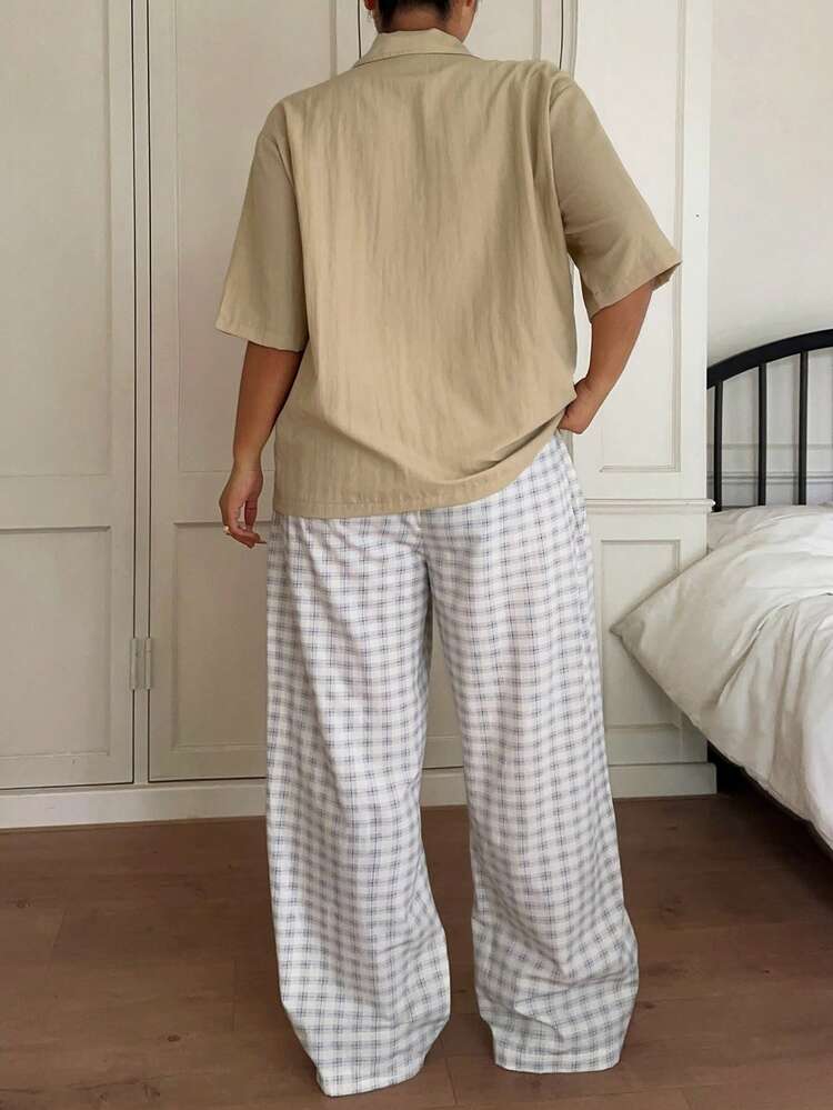Dazy Plus 2pcs Plus Size Women Casual Sleepwear Set, Solid Color Short Sleeve Shirt And Plaid Long Pants, Spring/Summer