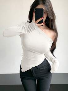 DAZY 女式不对称肩部生菜修身褶饰T恤长袖女式上衣 - 白色 - 查看 2