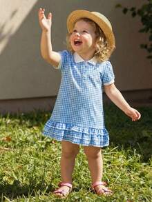 SHEIN Vintaside Kids 1 chiếc đầm ngắn tay kẻ caro cổ polo in hình cầu vồng dáng suông cho bé gái - Màu xanh lam - Xem 4
