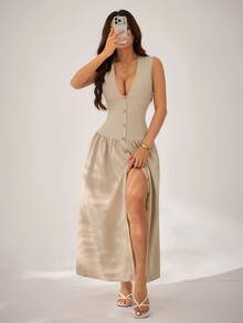 SHEIN PETITE Đầm nữ thanh lịch, tối giản màu kaki giả vải lanh, cổ chữ V, không tay, thắt eo, đầm sơ mi cài cúc phía trước, đầm xòe, đầm thường ngày, đầm phong cách retro, đầm tối giản, đầm đi nghỉ mát. - Màu Khaki - Xem 1