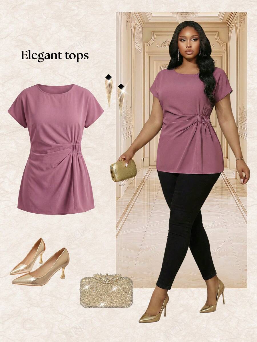 Fleurora Plus Size Women's Casual Solid Color Batwing Sleeve Shirred Waist Blouse,  Spring/Summer Outfits For Women   Elegant Blouses For Ladies - Red Violet - View 1