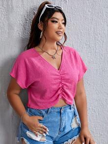SHEIN EZwear 紫红色加大码纯色V领短袖露脐宽松上衣，夏季 - 玫紅色 - 查看 3