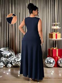 Elenzga Vestido Assimétrico de Cintura Marcada com Decote Assimétrico, Ombros Assimétricos, Decoração Metálica, Sem Mangas, Bainha Irregular em Retalhos, em Tecido Macio e Elástico de Malha Plus Size, Elegante para Passeios, Encontros, Festas e Uso Diário - Azul Marinho - Visão 2