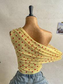 Soleia Cute Summer Polka Dot Yellow Asymmetrical One Shoulder Layered Top,Boho Beach Holiday Wear For Women,Versatile Casual Vacation Date Wedding Top - Light Yellow - View 6