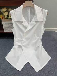 Franclia White Waist-Cinched Sleeveless Wrap Elegant Collared Shirt For Summer - White - View 4