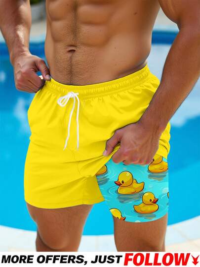 VIVINTIMO Shorts de playa de seda de leche con bloqueo de color y estampado divertido de pato para hombres, bañadores divertidos hawaianos para hombres