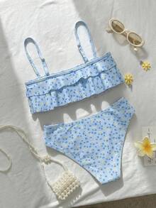 Swim Mod 花卉飾邊可愛甜美復古休閒海灘度假女款泳裝套裝 2026新款女裝泳衣，適用於學校、假期、約會、下午茶、西式、郵輪、海灘、島嶼、公路旅行、四季、音樂節、波西米亞度假、波西米亞風度假、悠閒秋季、西式波西米亞、優雅女上衣 - 彩色 - 查看 2