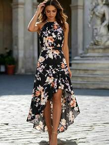 SHEIN Clasi White Floral Print Asymmetrical Ruffle Hem Dress For Vacation - Black - View 3
