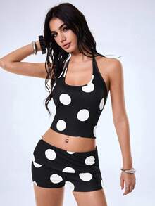 Y2Kool Vecteezy Set di top corto e pantaloncini a pois con colori a contrasto in stile Y2K, abbigliamento casual da strada adatto per donna, ideale per feste, vacanze, spiaggia, festival musicali e uso quotidiano in primavera/estate - Bianco e nero - Visualizzare 4