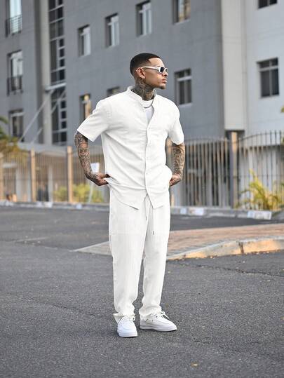 Devon Thys 男士纯色V领单排扣短袖衬衫搭配抽绳腰阔腿裤休闲套装