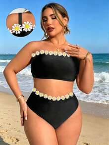 Slaydiva Bộ đồ bơi hai dây tankini cỡ lớn dành cho nữ, phối nhiều màu sắc, có dây đeo rời, kèm quần bikini cạp cao họa tiết hoa nhiều màu sắc. - màu đen - Xem 4