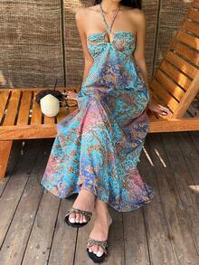 Sunnyshic Đầm gợi cảm cổ yếm in họa tiết retro dành cho nữ, thích hợp mặc đi biển mùa hè. - Nhiều màu - Xem 3