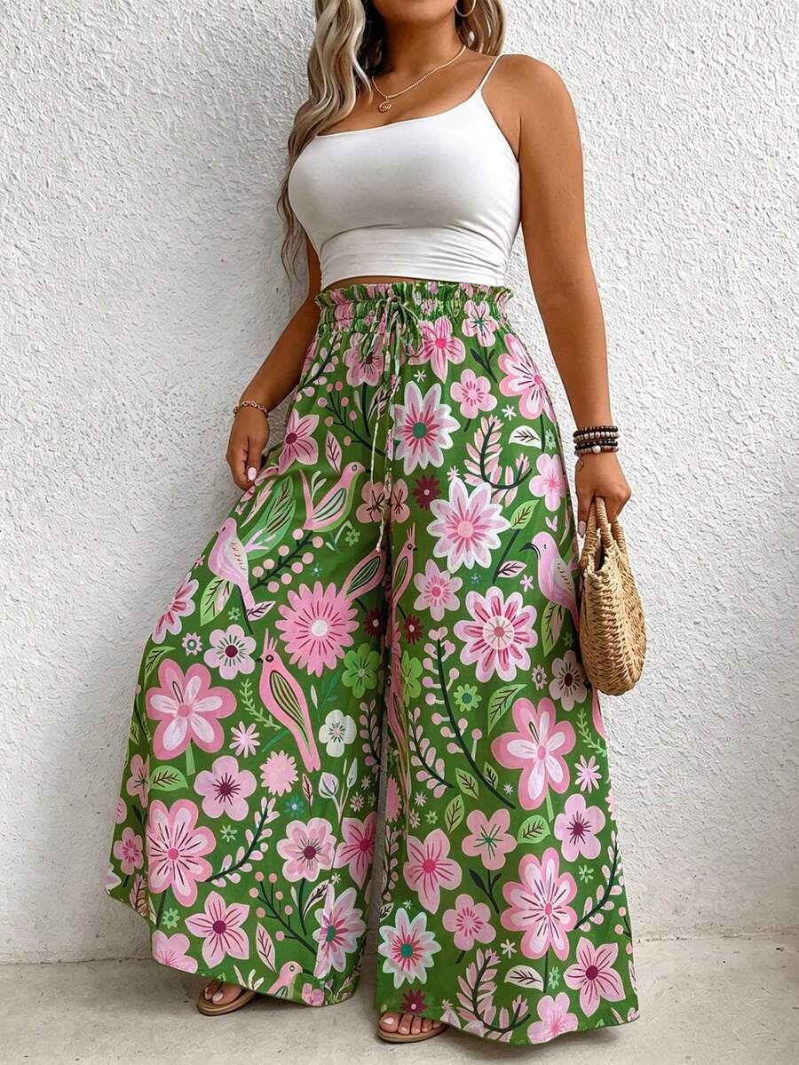 Linhara CURVE Colorful Floral Print Plus Size Wide Leg Pants - Green - View 1