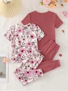 SHEIN Bộ đồ mặc nhà 4 món cho bé gái, kiểu dáng tối giản, ôm sát, cổ tròn, tay ngắn và quần, thích hợp cho mùa xuân và mùa hè. - Nhiều màu - Xem 2